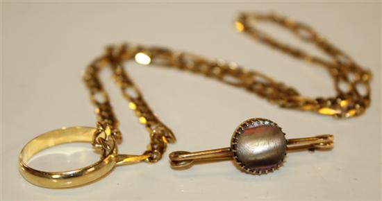 Gold necklace, ring and cats-eye bar brooch